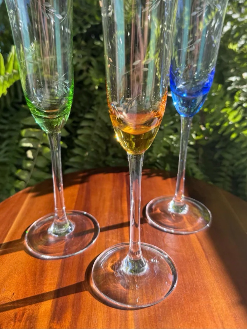 Set of 3 Vintage MCM Crystal Kaleidoscope Champagne Flutes, Etched Jewel stems